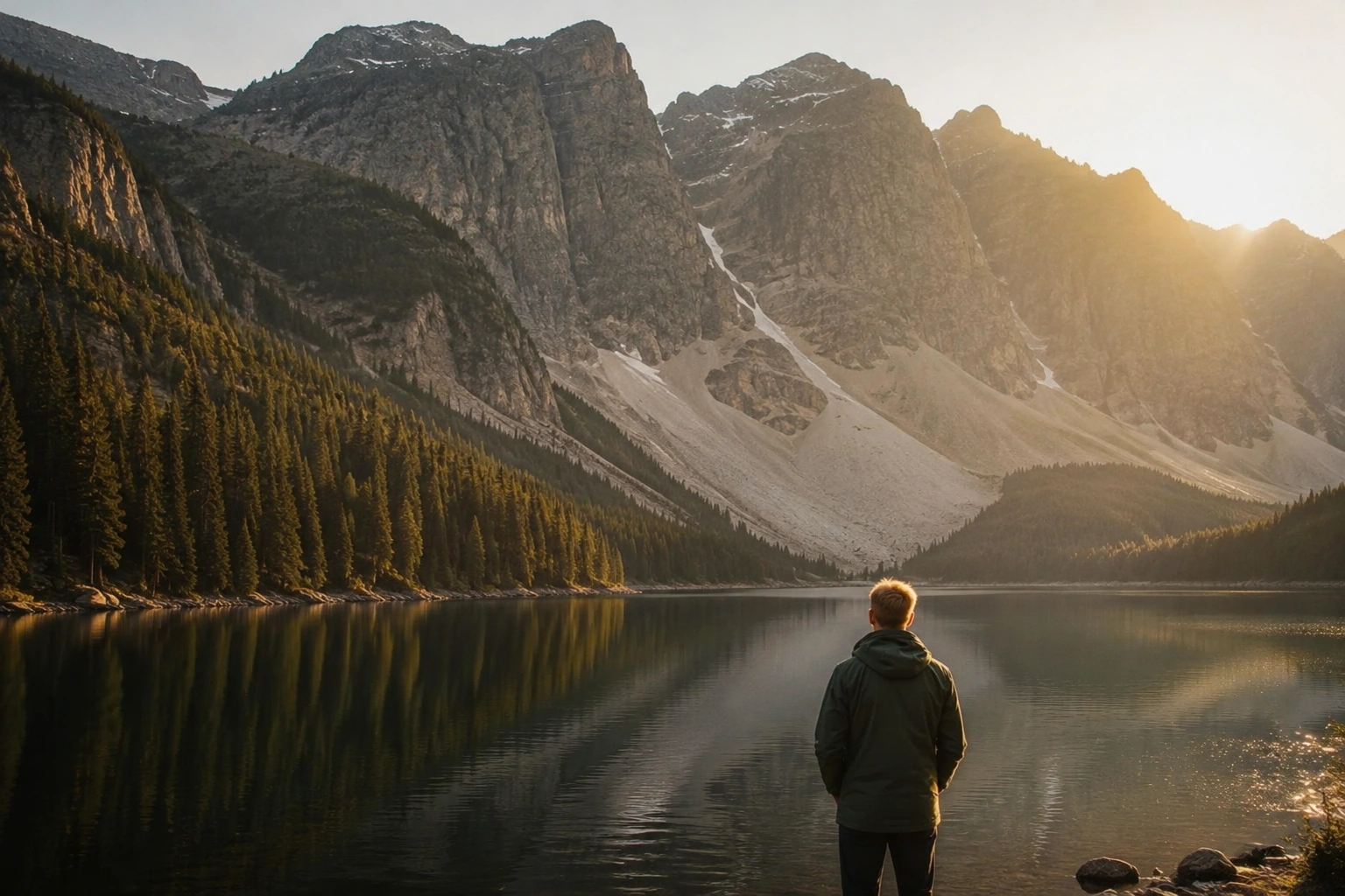 A person looking across an alpine lake at golden hour